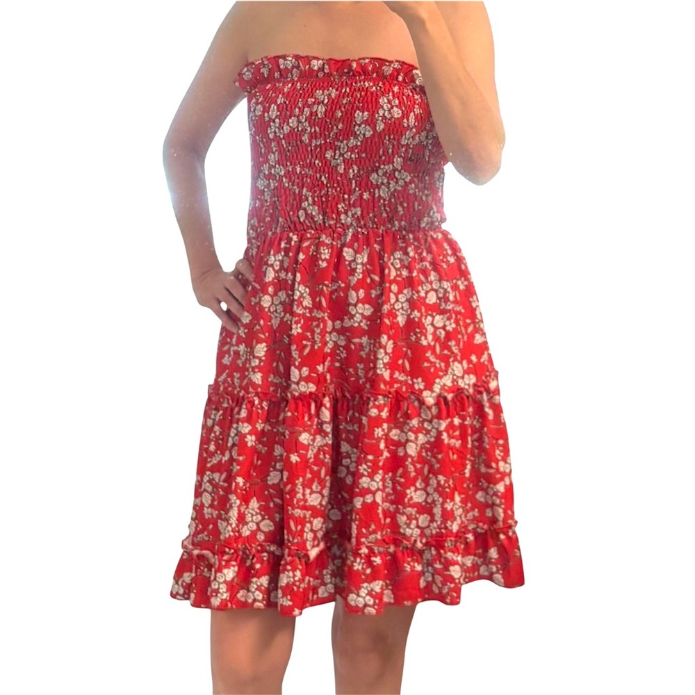 Red White Floral Strapless Tube Top Mini Dress Botanical Flirty, Ruffles Sz LG
